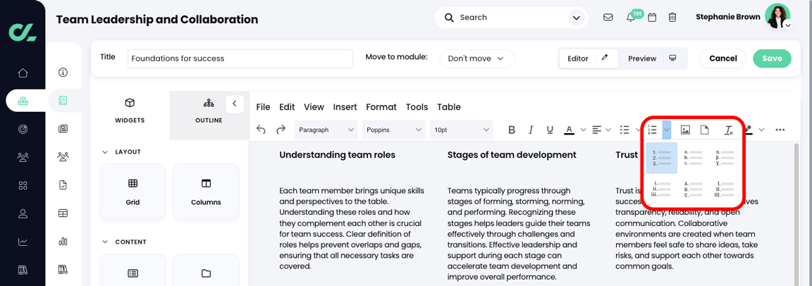 Course, Module, Edit section with the Numbered List menu active and highlighted