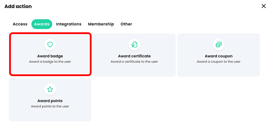 Add action pop-up, Awards tab with the Award badge button highlighted