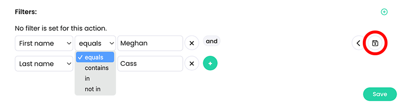 Add action pop-up, Filters section with a First name and Last name filter example and the Save icon highlighted
