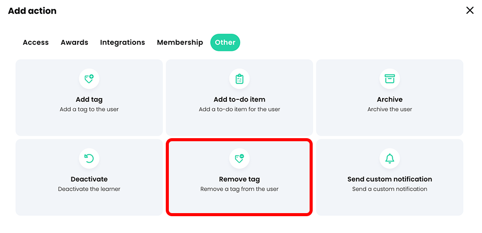 Add action pop-up, Other tab with the Remove tag button highlighted