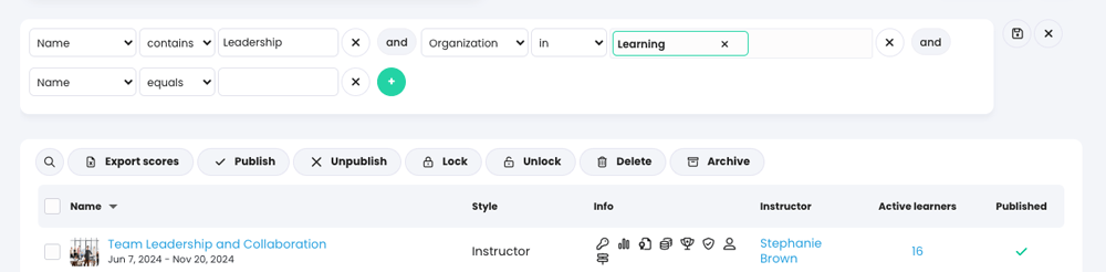 Pagina cu lista cursurilor care prezintă un lanț de filtre