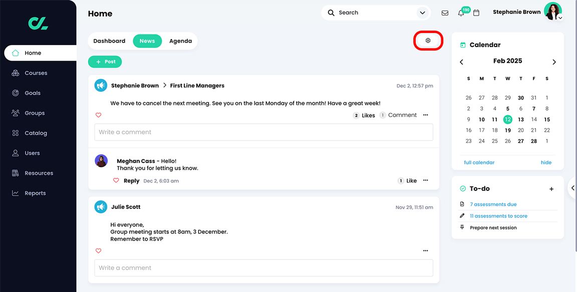 Home, News feed with the Configure icon highlighted