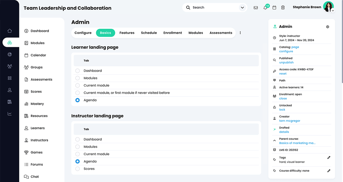 Course, Admin, Basics page showing Agenda selected as the Learner and Instructor landing pages