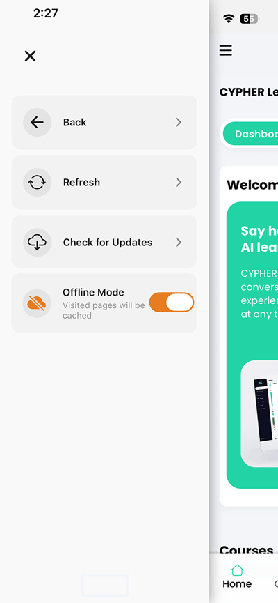CYPHER Learning app, left drawer menu open with Offline mode enabled