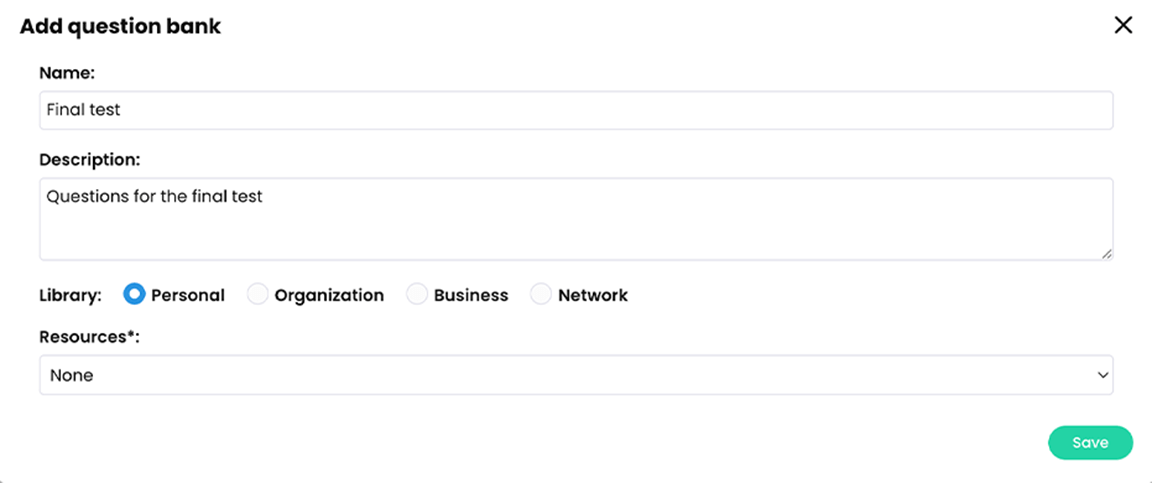 Add question bank pop-up with a sample name and description