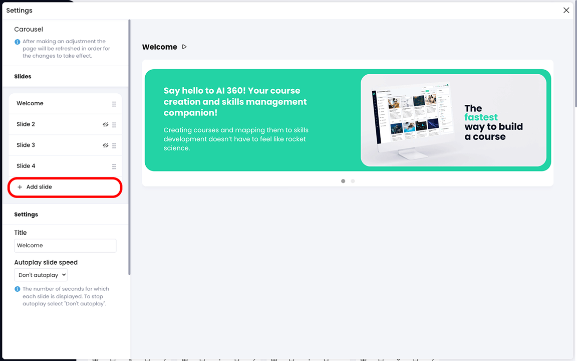 Banner widget Settings pop-up with the Add slide button highlighted