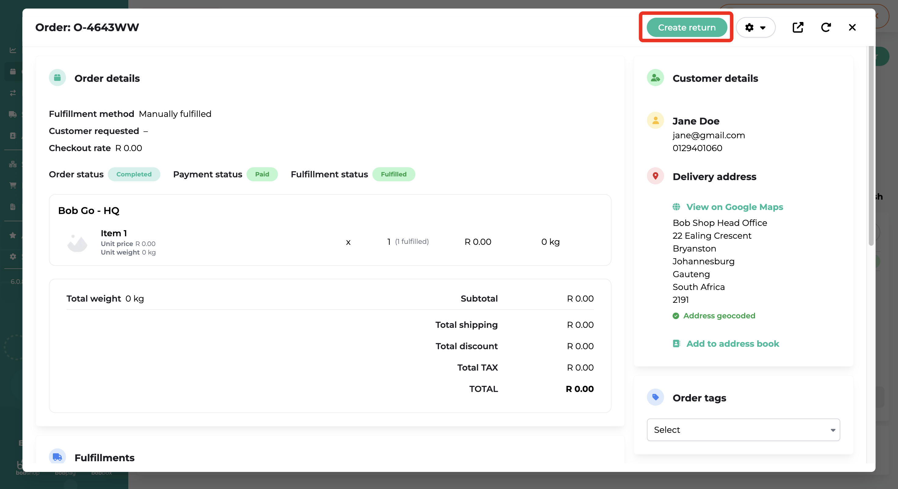 Create return option on a Bob Go order