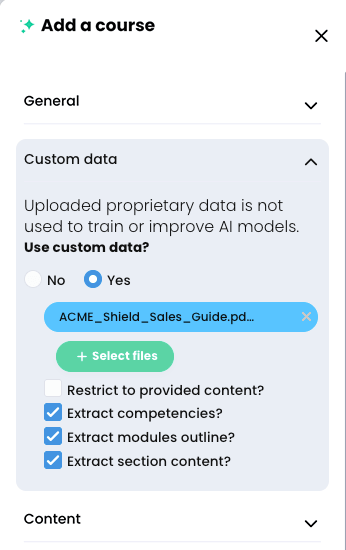 CYPHER Agent menu, Custom data tab with a file uploaded