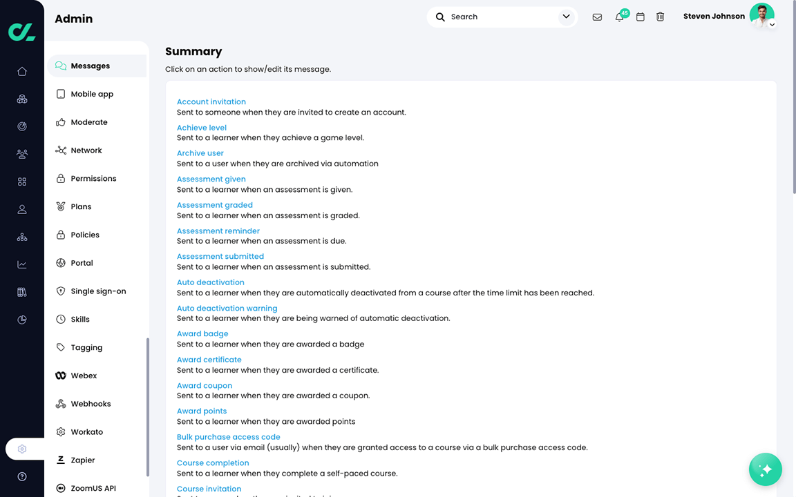 Admin, Messages, summary list of all available canned messages