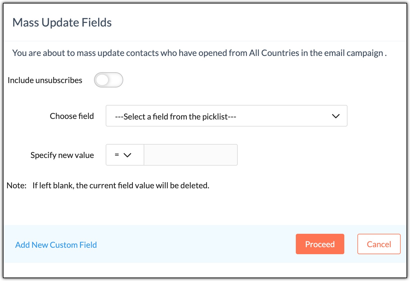 Mass update fields pop up