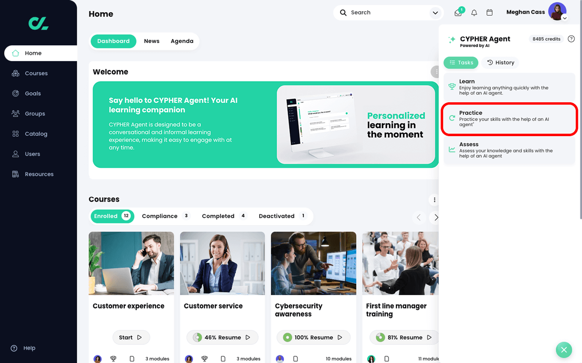 Dashboard with CYPHER Agent menu active, with Practice highlighted