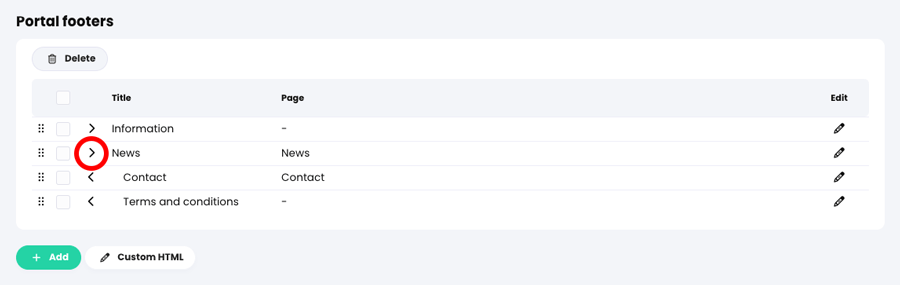 Admin, Portal, Visitor view tab, Portal footers section with the right arrow icon highlighted for a footer item