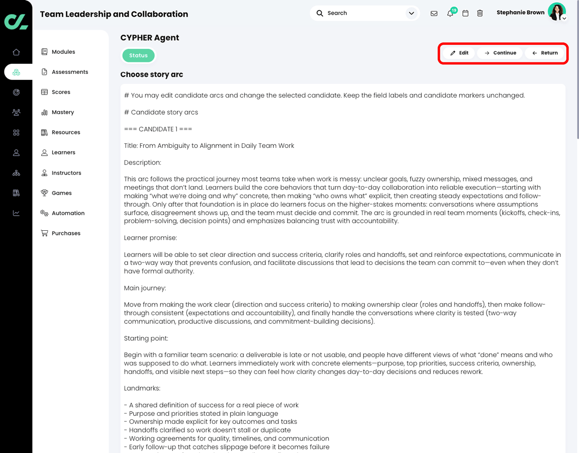 CYPHER Agent Choose story arc Markdown file, with the Edit, Continue, and Return buttons highlighted