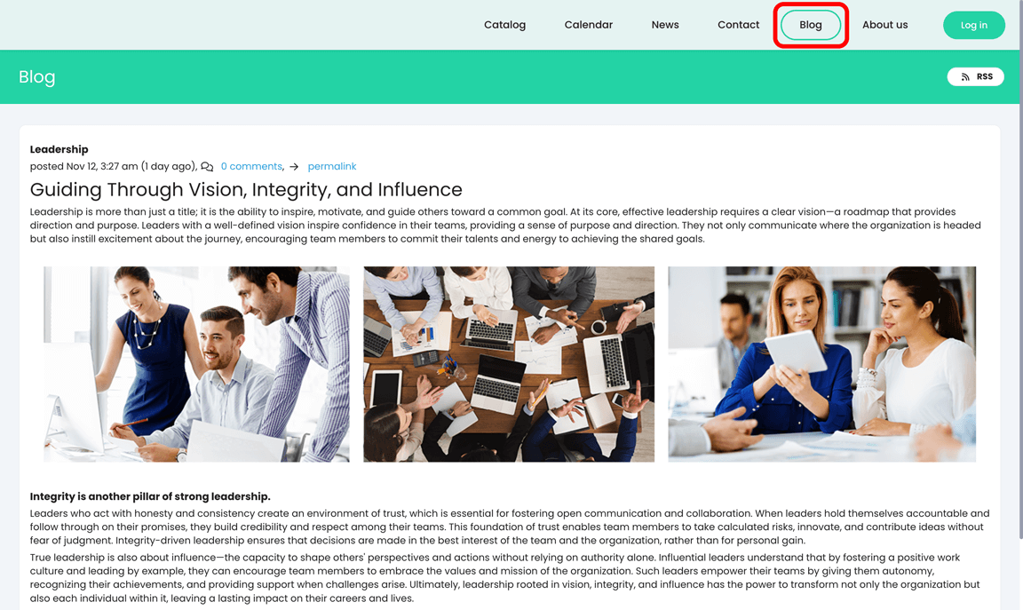 Visitor portal, Blog page showing the public view of the blog