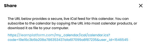 Share pop-up showing the iCal URL