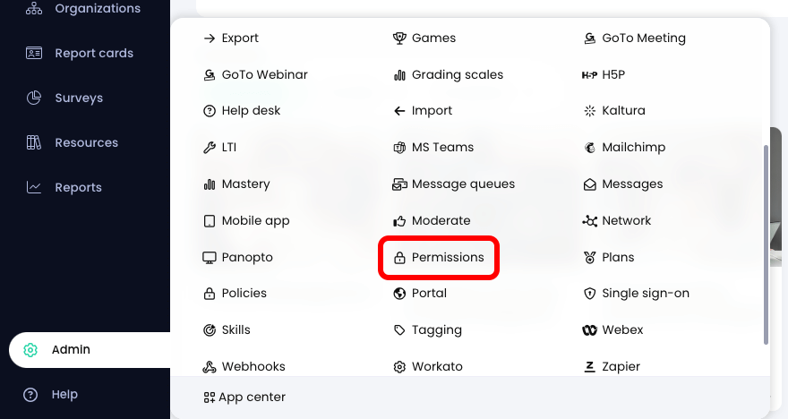 Primary navigation menu with the Admin menu active and the Permissions button highlighted