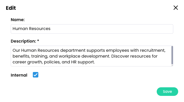 Edit pop-up with examples of a Name, Description, and the Internal checkbox selected