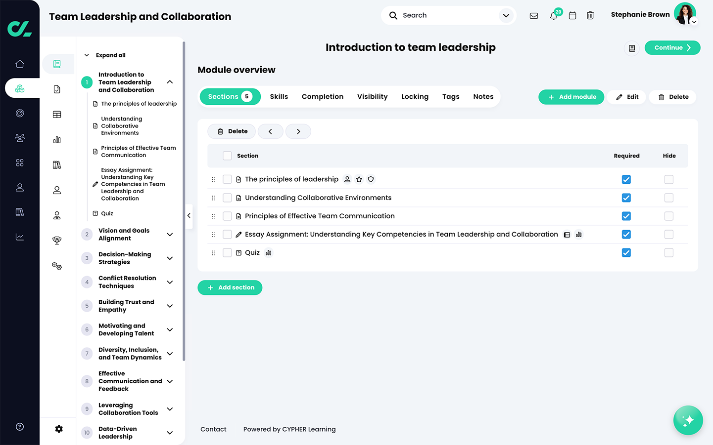 Course, Modules navigation menu open, Sections tab active