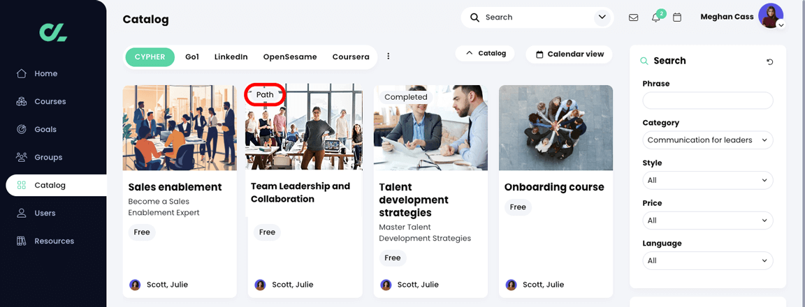 Catalog page, CYPHER tab with the Path tag highlighted on a Path tile