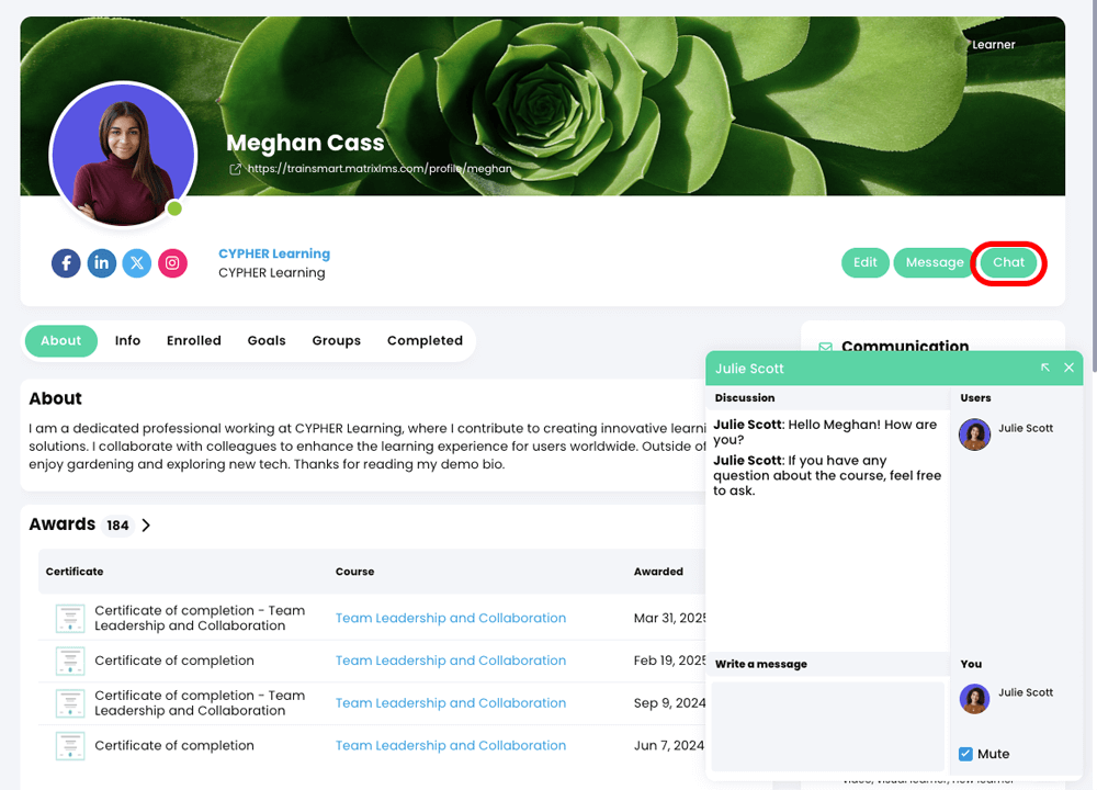 User profile page with the Chat button highlighted and a Chat window open