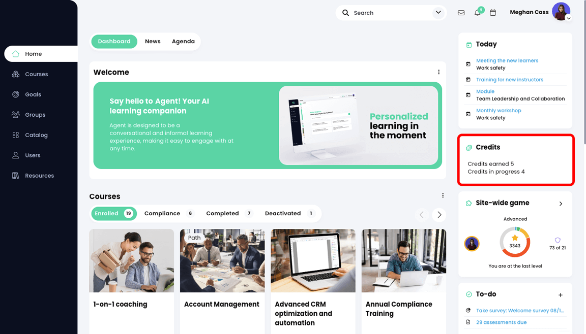 Learner home page dashboard with the Credits widget highlighted