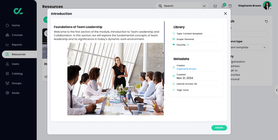 Resources, Content template pop-up