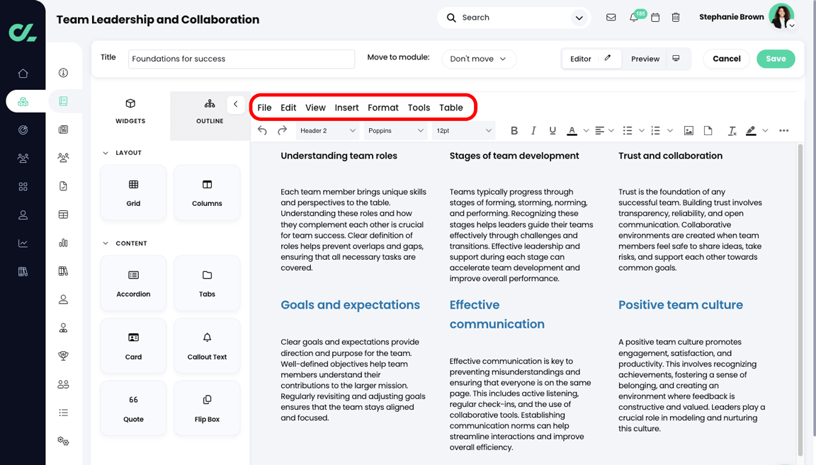 Course, Module, Edit section with the top menus of the Toolbar highlighted