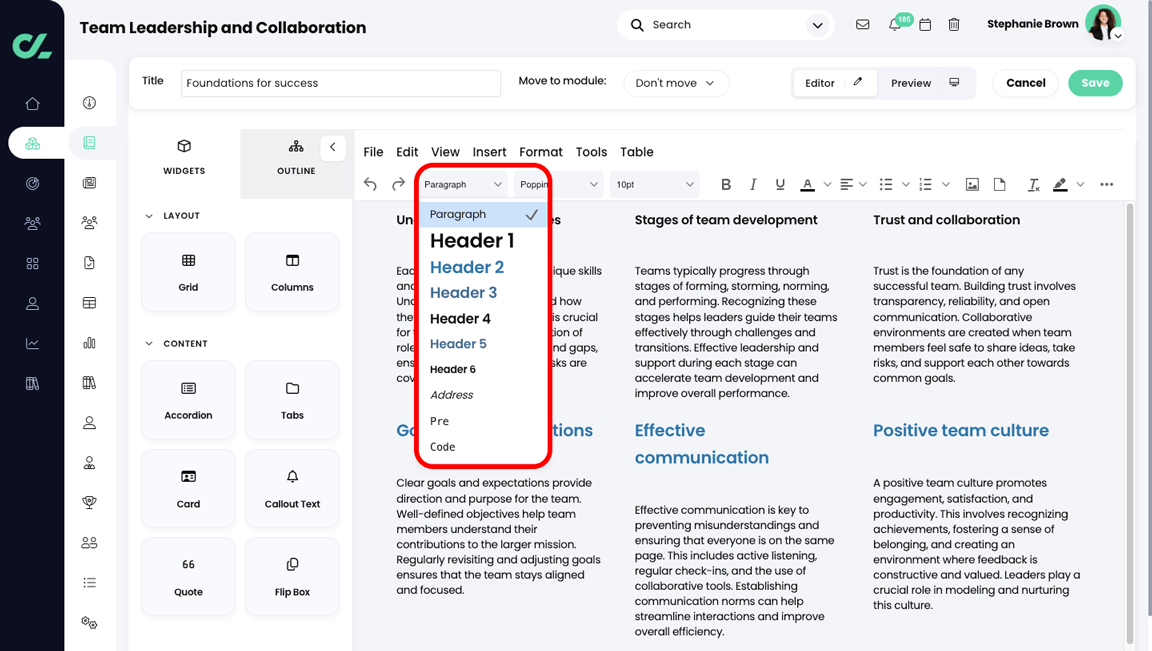 Course, Module, Edit section with the Heading style menu active and highlighted