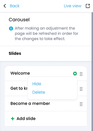 Portal visual editor, Carousel menu with the configure menu active for a carousel slide