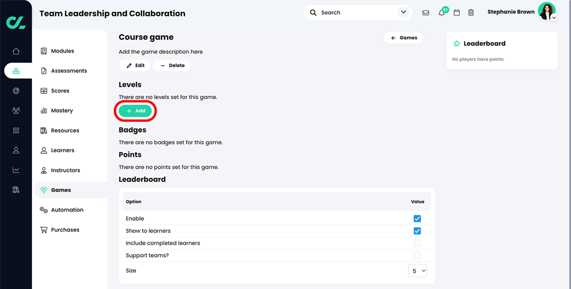 Course, Games, Course game page with the Add button highlighted in the Levels section
