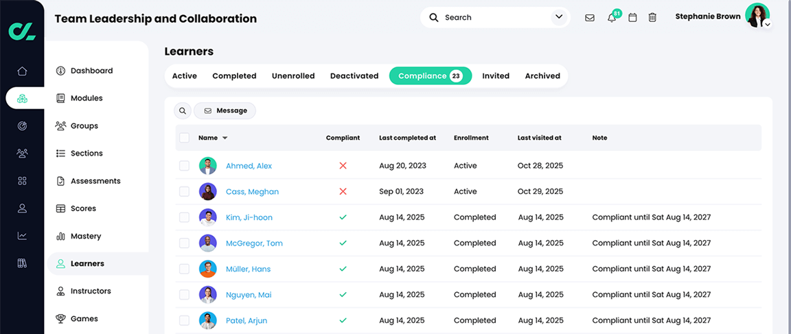 Course, Learners, Compliance tab