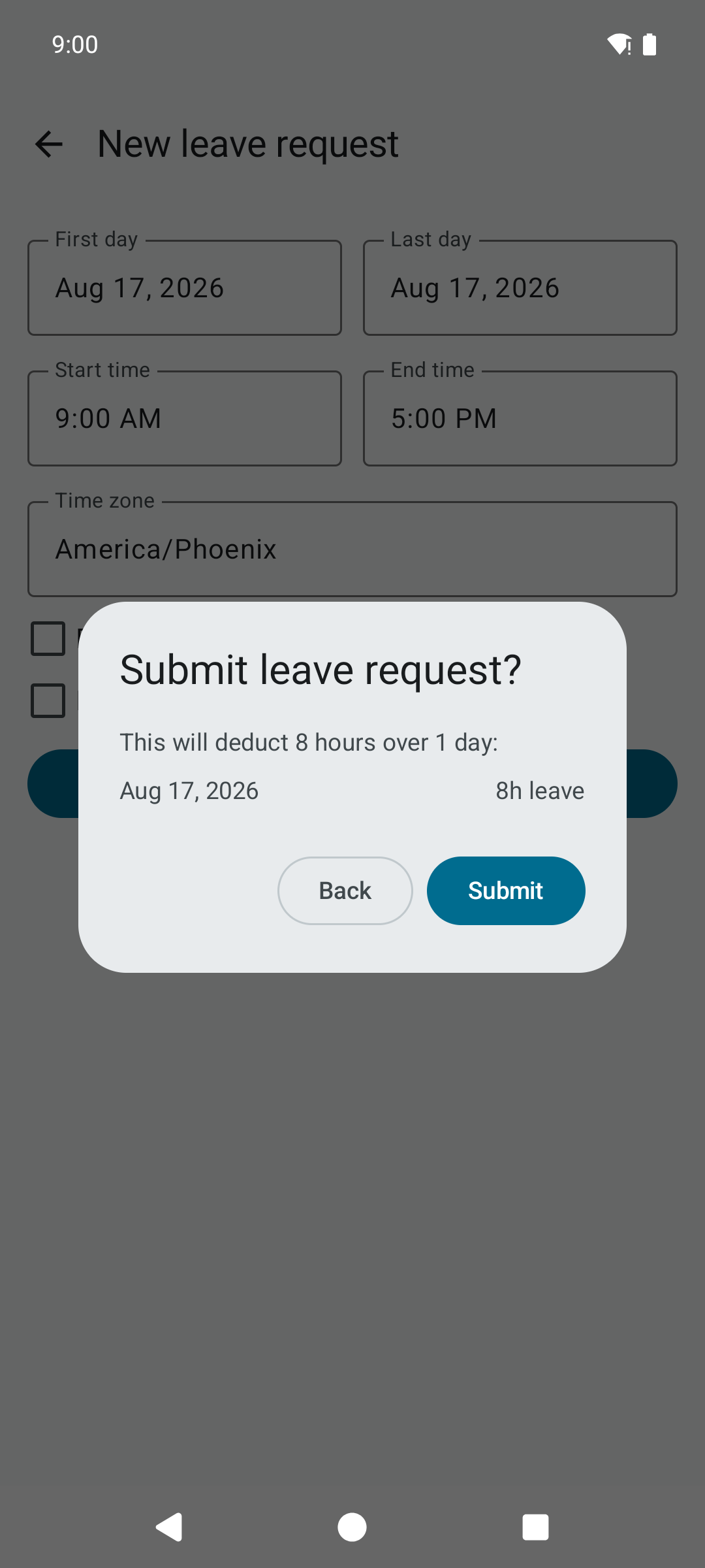 A confirmation dialog asking whether to submit the leave request, warning that it will deduct 8 hours over 1 day, with the day itemized and Back and Submit buttons.