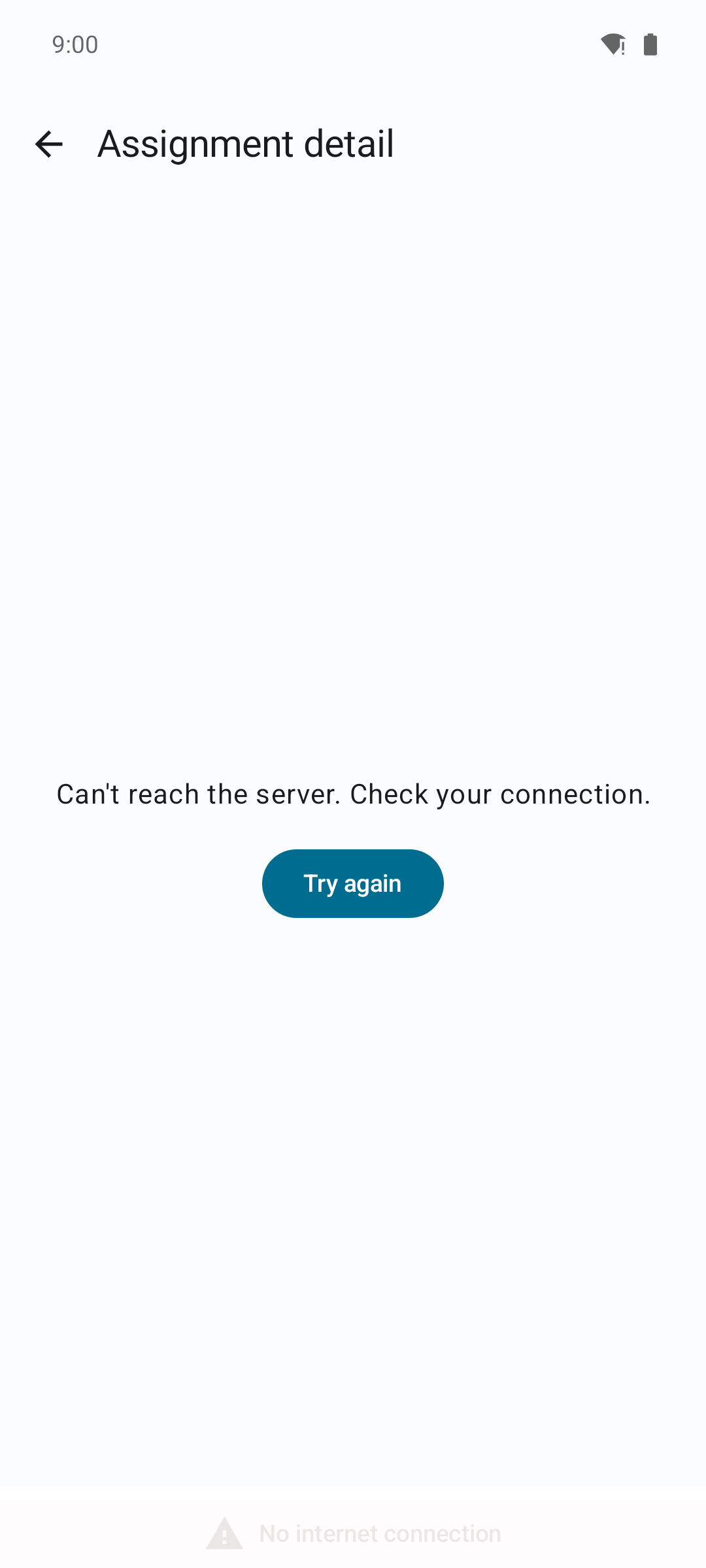 An error message saying the app can't reach the server and to check your connection, with a Try again button.