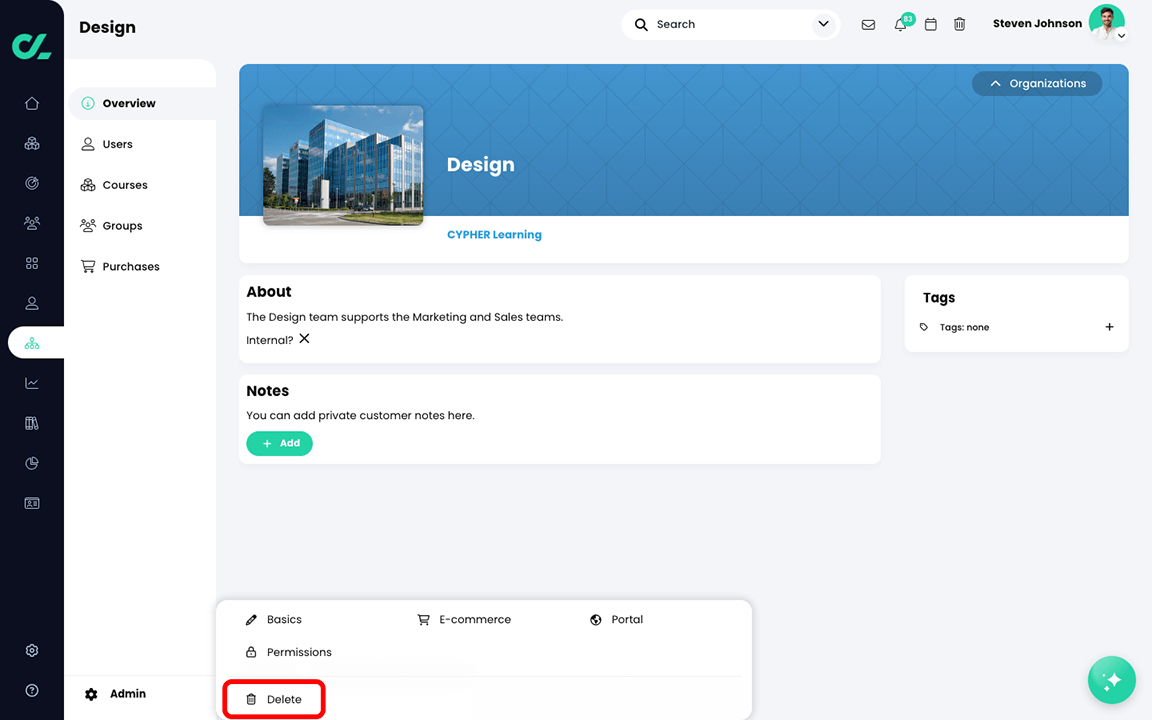 Organization page with the organization menu's Admin menu active and the Delete button highlighted