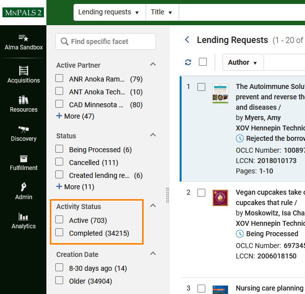 Activity Status Facet shows Active and completed facets