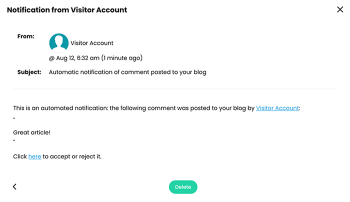 Notification example of a comment left on a public facing blog post by a visitor 