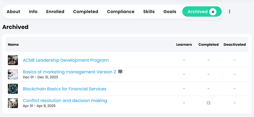 Instructor profile, Archived tab