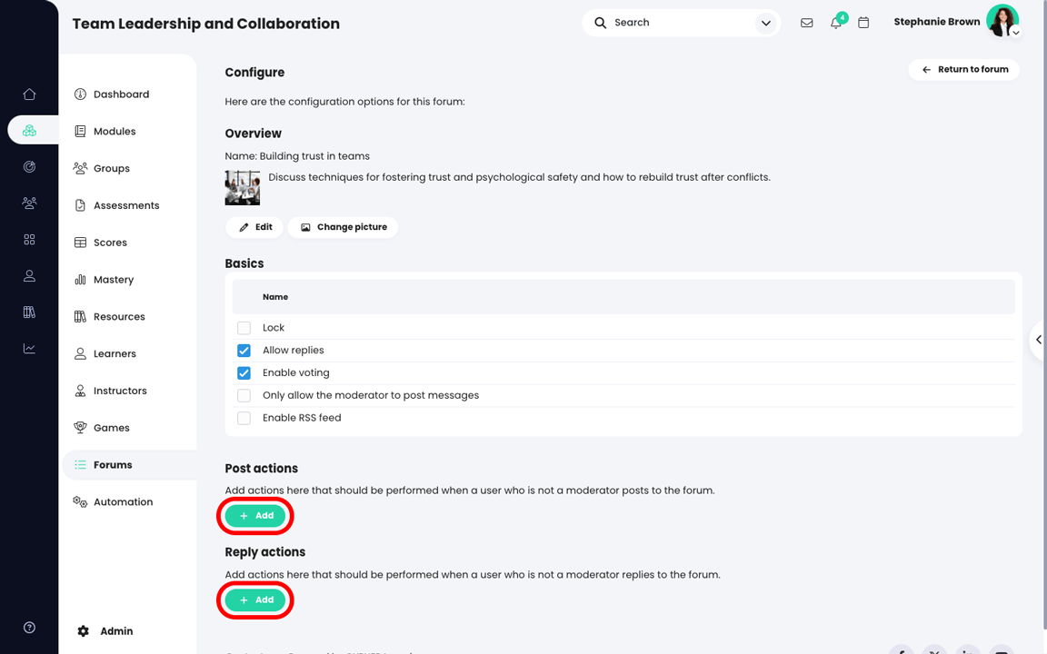 Page de configuration du forum avec le bouton Ajouter mis en évidence dans les sections Actions Publier et Répondre