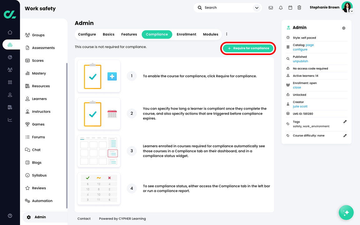 Course, Admin, Compliance page with the Require for compliance button highlighted