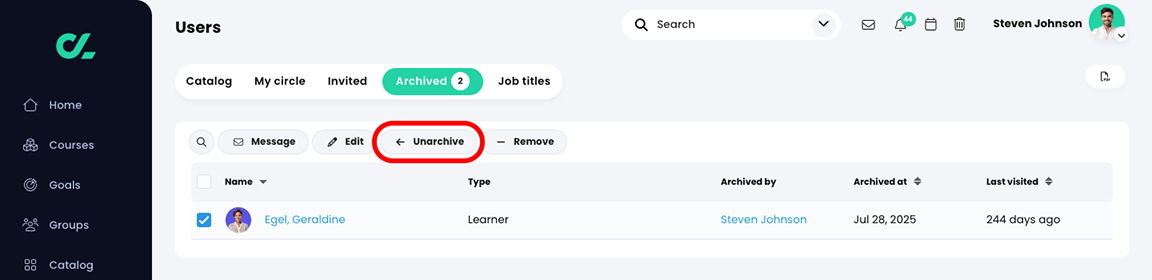 Users, Archived tab with one user selected and the Unarchive button highlighted