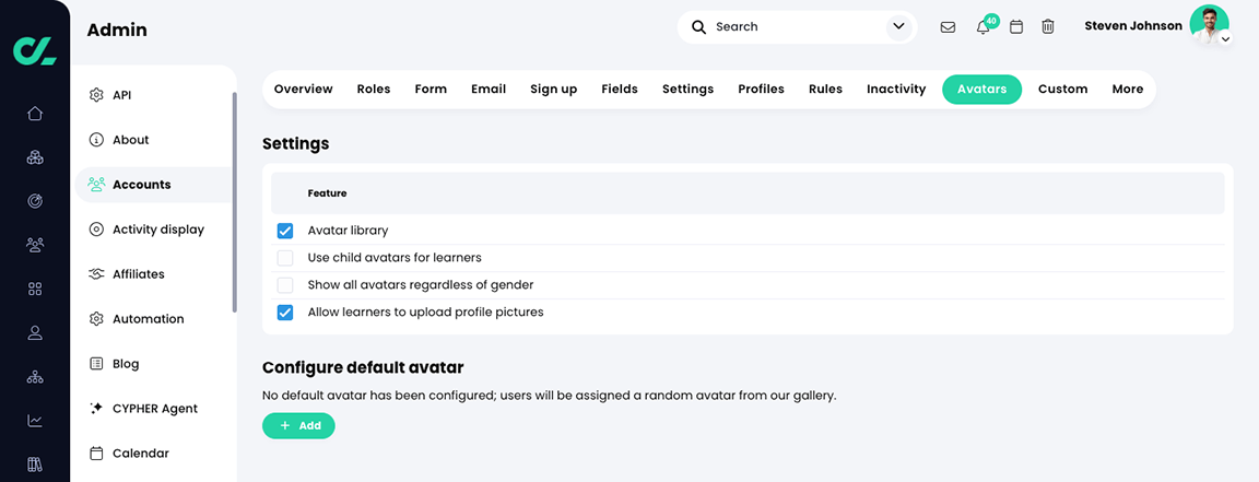 Admin, Accounts, Avatars tab