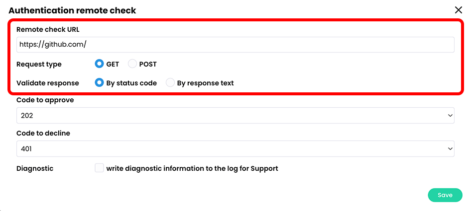 Admin, Policies, General tab, Authentication remote check section with the Remote check URL, Request type, and Validate response settings highlighted