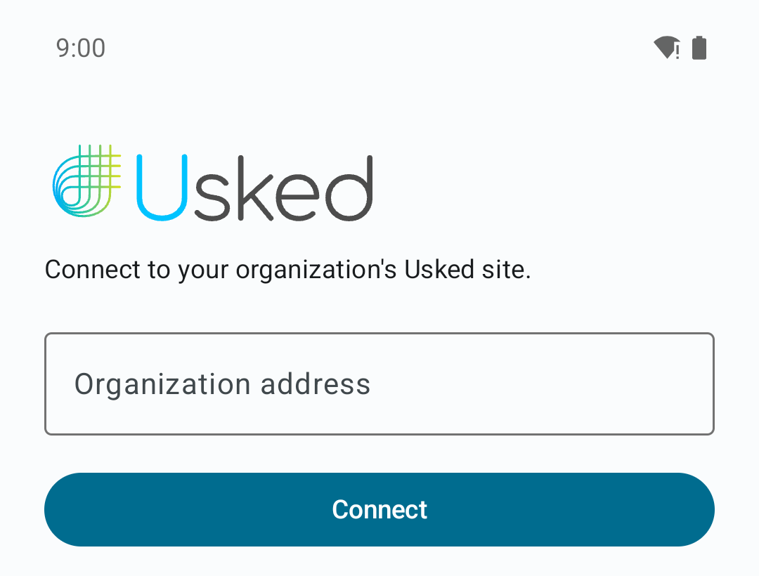 The Usked app connect screen with the Usked logo, an Organization address field showing placeholder text yourorg.usked.com, and a Connect button.