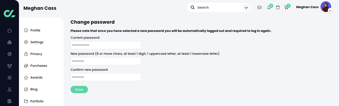 User profile, Change password page