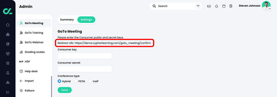 Admin, GoTo Meeting, Settings tab with the Redirect URL highlighted