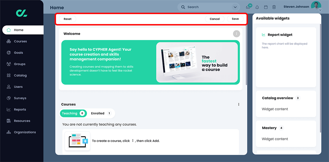 Center panel edit view with the Reset, Cancel, and Save buttons highlighted