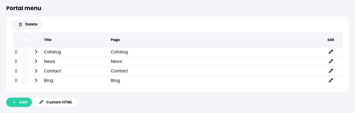 Organizations, Admin, Portal tab, Portal menu section