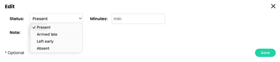 Edit attendance pop-up with the Status menu active and Present selected