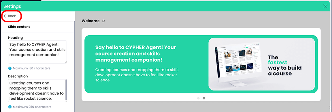 Banner widget edit view with the Back button highlighted