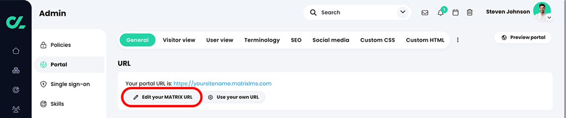 Admin, Portal, General tab with the Edit your MATRIX URL button highlighted in the URL section